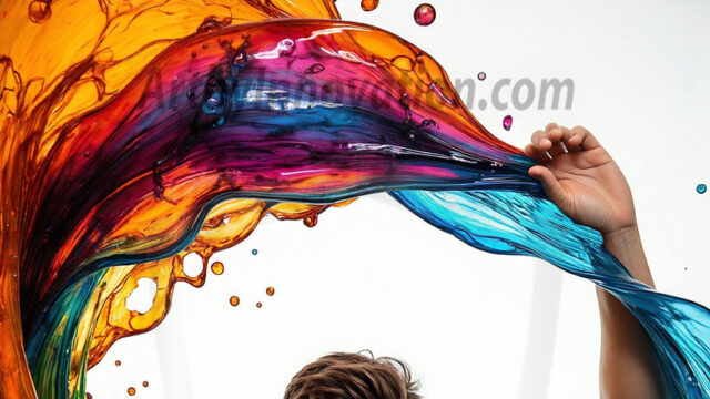 AI-generated abstract art images, featuring sexy, handsome, shirtless men, boys, lads, controlling colorful liquid water. A full-body photograph of a handsome young man with a strong muscular physique, and beautiful eyes. He starts to create a powerful and dynamic swirling vortex of rainbow colored liquid water. The vibrant and colorful water erupts and cascades forward. The fluid is dynamic, multiplying rapidly, and begins to dance in the air. The man, with a playful smile, interacts with the swirling fluids, his hands reaching out to manipulate the circular motion. The scene has a surreal, otherworldly feel, with a dreamlike atmosphere created by volumetric lighting, dramatic shadows, and an impossible color palette.