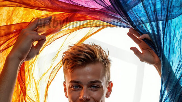 AI-generated abstract art images, featuring sexy, handsome, shirtless men, boys, lads, controlling colorful liquid water. A full-body photograph of a handsome young man with a strong muscular physique, and beautiful eyes. He starts to create a powerful and dynamic swirling vortex of rainbow colored liquid water. The vibrant and colorful water erupts and cascades forward. The fluid is dynamic, multiplying rapidly, and begins to dance in the air. The man, with a playful smile, interacts with the swirling fluids, his hands reaching out to manipulate the circular motion. The scene has a surreal, otherworldly feel, with a dreamlike atmosphere created by volumetric lighting, dramatic shadows, and an impossible color palette.