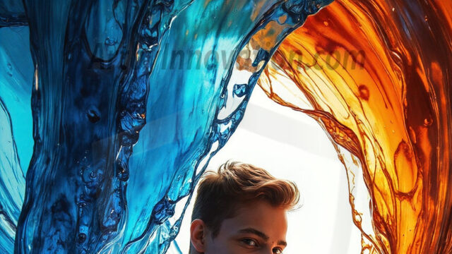 AI-generated abstract art images, featuring sexy, handsome, shirtless men, boys, lads, controlling colorful liquid water. A full-body photograph of a handsome young man with a strong muscular physique, and beautiful eyes. He starts to create a powerful and dynamic swirling vortex of rainbow colored liquid water. The vibrant and colorful water erupts and cascades forward. The fluid is dynamic, multiplying rapidly, and begins to dance in the air. The man, with a playful smile, interacts with the swirling fluids, his hands reaching out to manipulate the circular motion. The scene has a surreal, otherworldly feel, with a dreamlike atmosphere created by volumetric lighting, dramatic shadows, and an impossible color palette.