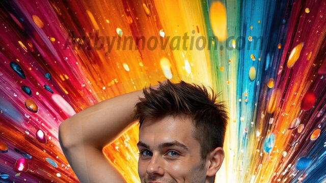 AI-generated abstract art images, featuring sexy, handsome, shirtless men, boys, lads, controlling colorful liquid water. A full-body photograph of a handsome young man with a strong muscular physique, and beautiful eyes. He starts to create a powerful and dynamic swirling vortex of rainbow colored liquid water. The vibrant and colorful water erupts and cascades forward. The fluid is dynamic, multiplying rapidly, and begins to dance in the air. The man, with a playful smile, interacts with the swirling fluids, his hands reaching out to manipulate the circular motion. The scene has a surreal, otherworldly feel, with a dreamlike atmosphere created by volumetric lighting, dramatic shadows, and an impossible color palette.
