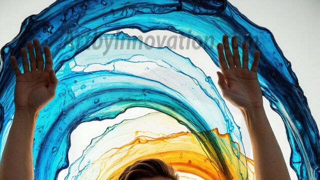 AI-generated abstract art images, featuring sexy, handsome, shirtless men, boys, lads, controlling colorful liquid water. A full-body photograph of a handsome young man with a strong muscular physique, and beautiful eyes. He starts to create a powerful and dynamic swirling vortex of rainbow colored liquid water. The vibrant and colorful water erupts and cascades forward. The fluid is dynamic, multiplying rapidly, and begins to dance in the air. The man, with a playful smile, interacts with the swirling fluids, his hands reaching out to manipulate the circular motion. The scene has a surreal, otherworldly feel, with a dreamlike atmosphere created by volumetric lighting, dramatic shadows, and an impossible color palette.