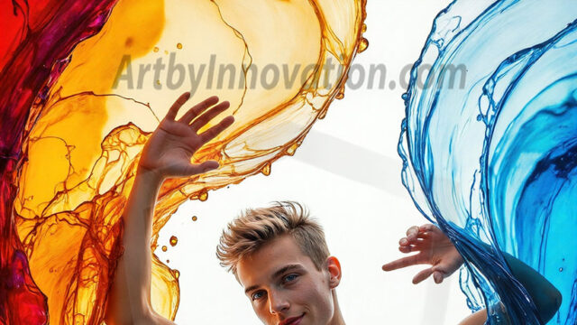 AI-generated abstract art images, featuring sexy, handsome, shirtless men, boys, lads, controlling colorful liquid water. A full-body photograph of a handsome young man with a strong muscular physique, and beautiful eyes. He starts to create a powerful and dynamic swirling vortex of rainbow colored liquid water. The vibrant and colorful water erupts and cascades forward. The fluid is dynamic, multiplying rapidly, and begins to dance in the air. The man, with a playful smile, interacts with the swirling fluids, his hands reaching out to manipulate the circular motion. The scene has a surreal, otherworldly feel, with a dreamlike atmosphere created by volumetric lighting, dramatic shadows, and an impossible color palette.