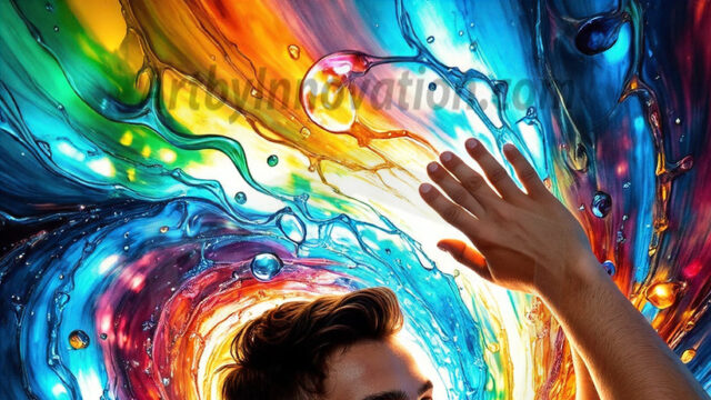 AI-generated abstract art images, featuring sexy, handsome, shirtless men, boys, lads, controlling colorful liquid water. A full-body photograph of a handsome young man with a strong muscular physique, and beautiful eyes. He starts to create a powerful and dynamic swirling vortex of rainbow colored liquid water. The vibrant and colorful water erupts and cascades forward. The fluid is dynamic, multiplying rapidly, and begins to dance in the air. The man, with a playful smile, interacts with the swirling fluids, his hands reaching out to manipulate the circular motion. The scene has a surreal, otherworldly feel, with a dreamlike atmosphere created by volumetric lighting, dramatic shadows, and an impossible color palette.