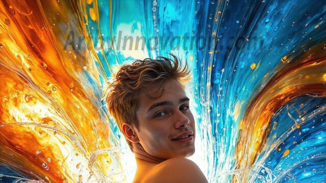 AI-generated abstract art images, featuring sexy, handsome, shirtless men, boys, lads, controlling colorful liquid water. A full-body photograph of a handsome young man with a strong muscular physique, and beautiful eyes. He starts to create a powerful and dynamic swirling vortex of rainbow colored liquid water. The vibrant and colorful water erupts and cascades forward. The fluid is dynamic, multiplying rapidly, and begins to dance in the air. The man, with a playful smile, interacts with the swirling fluids, his hands reaching out to manipulate the circular motion. The scene has a surreal, otherworldly feel, with a dreamlike atmosphere created by volumetric lighting, dramatic shadows, and an impossible color palette.