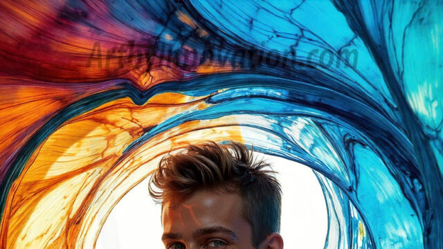 AI-generated abstract art images, featuring sexy, handsome, shirtless men, boys, lads, controlling colorful liquid water. A full-body photograph of a handsome young man with a strong muscular physique, and beautiful eyes. He starts to create a powerful and dynamic swirling vortex of rainbow colored liquid water. The vibrant and colorful water erupts and cascades forward. The fluid is dynamic, multiplying rapidly, and begins to dance in the air. The man, with a playful smile, interacts with the swirling fluids, his hands reaching out to manipulate the circular motion. The scene has a surreal, otherworldly feel, with a dreamlike atmosphere created by volumetric lighting, dramatic shadows, and an impossible color palette.