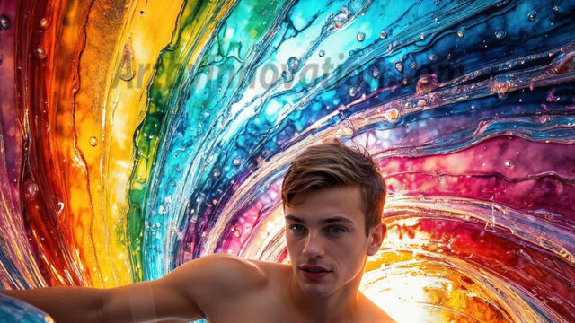 AI-generated abstract art images, featuring sexy, handsome, shirtless men, boys, lads, controlling colorful liquid water. A full-body photograph of a handsome young man with a strong muscular physique, and beautiful eyes. He starts to create a powerful and dynamic swirling vortex of rainbow colored liquid water. The vibrant and colorful water erupts and cascades forward. The fluid is dynamic, multiplying rapidly, and begins to dance in the air. The man, with a playful smile, interacts with the swirling fluids, his hands reaching out to manipulate the circular motion. The scene has a surreal, otherworldly feel, with a dreamlike atmosphere created by volumetric lighting, dramatic shadows, and an impossible color palette.