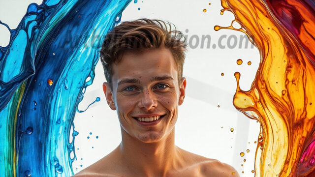 AI-generated abstract art images, featuring sexy, handsome, shirtless men, boys, lads, controlling colorful liquid water. A full-body photograph of a handsome young man with a strong muscular physique, and beautiful eyes. He starts to create a powerful and dynamic swirling vortex of rainbow colored liquid water. The vibrant and colorful water erupts and cascades forward. The fluid is dynamic, multiplying rapidly, and begins to dance in the air. The man, with a playful smile, interacts with the swirling fluids, his hands reaching out to manipulate the circular motion. The scene has a surreal, otherworldly feel, with a dreamlike atmosphere created by volumetric lighting, dramatic shadows, and an impossible color palette.