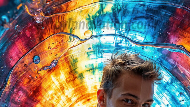 AI-generated abstract art images, featuring sexy, handsome, shirtless men, boys, lads, controlling colorful liquid water. A full-body photograph of a handsome young man with a strong muscular physique, and beautiful eyes. He starts to create a powerful and dynamic swirling vortex of rainbow colored liquid water. The vibrant and colorful water erupts and cascades forward. The fluid is dynamic, multiplying rapidly, and begins to dance in the air. The man, with a playful smile, interacts with the swirling fluids, his hands reaching out to manipulate the circular motion. The scene has a surreal, otherworldly feel, with a dreamlike atmosphere created by volumetric lighting, dramatic shadows, and an impossible color palette.