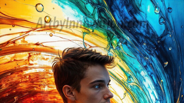 AI-generated abstract art images, featuring sexy, handsome, shirtless men, boys, lads, controlling colorful liquid water. A full-body photograph of a handsome young man with a strong muscular physique, and beautiful eyes. He starts to create a powerful and dynamic swirling vortex of rainbow colored liquid water. The vibrant and colorful water erupts and cascades forward. The fluid is dynamic, multiplying rapidly, and begins to dance in the air. The man, with a playful smile, interacts with the swirling fluids, his hands reaching out to manipulate the circular motion. The scene has a surreal, otherworldly feel, with a dreamlike atmosphere created by volumetric lighting, dramatic shadows, and an impossible color palette.