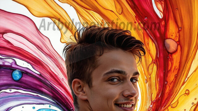 AI-generated abstract art images, featuring sexy, handsome, shirtless men, boys, lads, controlling colorful liquid water. A full-body photograph of a handsome young man with a strong muscular physique, and beautiful eyes. He starts to create a powerful and dynamic swirling vortex of rainbow colored liquid water. The vibrant and colorful water erupts and cascades forward. The fluid is dynamic, multiplying rapidly, and begins to dance in the air. The man, with a playful smile, interacts with the swirling fluids, his hands reaching out to manipulate the circular motion. The scene has a surreal, otherworldly feel, with a dreamlike atmosphere created by volumetric lighting, dramatic shadows, and an impossible color palette.