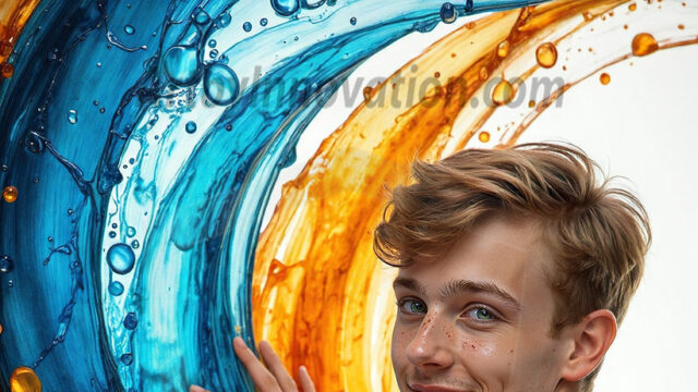 AI-generated abstract art images, featuring sexy, handsome, shirtless men, boys, lads, controlling colorful liquid water. A full-body photograph of a handsome young man with a strong muscular physique, and beautiful eyes. He starts to create a powerful and dynamic swirling vortex of rainbow colored liquid water. The vibrant and colorful water erupts and cascades forward. The fluid is dynamic, multiplying rapidly, and begins to dance in the air. The man, with a playful smile, interacts with the swirling fluids, his hands reaching out to manipulate the circular motion. The scene has a surreal, otherworldly feel, with a dreamlike atmosphere created by volumetric lighting, dramatic shadows, and an impossible color palette.