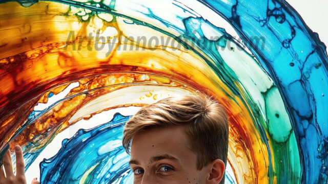 AI-generated abstract art images, featuring sexy, handsome, shirtless men, boys, lads, controlling colorful liquid water. A full-body photograph of a handsome young man with a strong muscular physique, and beautiful eyes. He starts to create a powerful and dynamic swirling vortex of rainbow colored liquid water. The vibrant and colorful water erupts and cascades forward. The fluid is dynamic, multiplying rapidly, and begins to dance in the air. The man, with a playful smile, interacts with the swirling fluids, his hands reaching out to manipulate the circular motion. The scene has a surreal, otherworldly feel, with a dreamlike atmosphere created by volumetric lighting, dramatic shadows, and an impossible color palette.