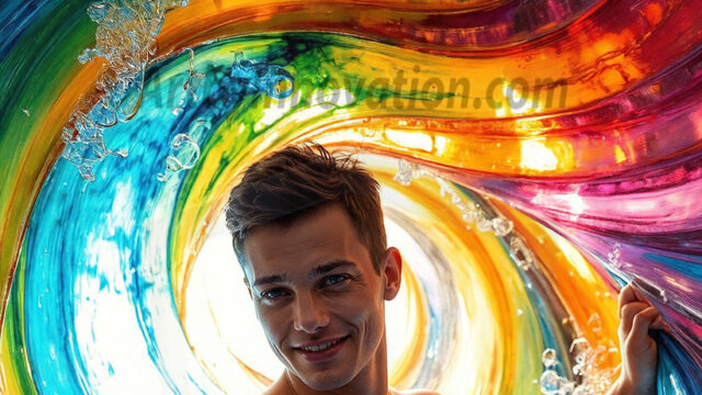 AI-generated abstract art images, featuring sexy, handsome, shirtless men, boys, lads, controlling colorful liquid water. A full-body photograph of a handsome young man with a strong muscular physique, and beautiful eyes. He starts to create a powerful and dynamic swirling vortex of rainbow colored liquid water. The vibrant and colorful water erupts and cascades forward. The fluid is dynamic, multiplying rapidly, and begins to dance in the air. The man, with a playful smile, interacts with the swirling fluids, his hands reaching out to manipulate the circular motion. The scene has a surreal, otherworldly feel, with a dreamlike atmosphere created by volumetric lighting, dramatic shadows, and an impossible color palette.
