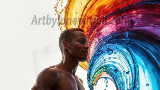 AI-generated abstract art images, featuring sexy, handsome, shirtless men, boys, lads, controlling colorful liquid water. A full-body photograph of a handsome young man with a strong muscular physique, and beautiful eyes. He starts to create a powerful and dynamic swirling vortex of rainbow colored liquid water. The vibrant and colorful water erupts and cascades forward. The fluid is dynamic, multiplying rapidly, and begins to dance in the air. The man, with a playful smile, interacts with the swirling fluids, his hands reaching out to manipulate the circular motion. The scene has a surreal, otherworldly feel, with a dreamlike atmosphere created by volumetric lighting, dramatic shadows, and an impossible color palette.
