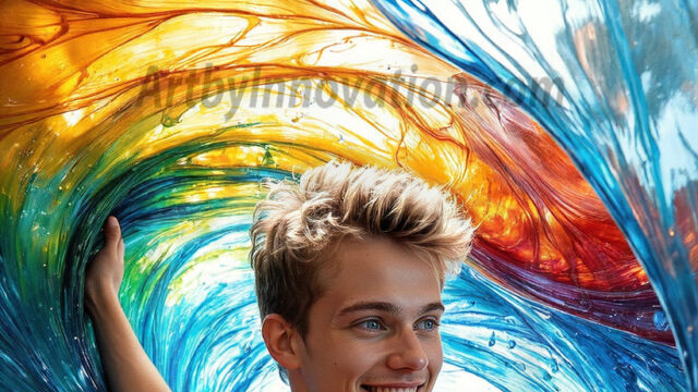 AI-generated abstract art images, featuring sexy, handsome, shirtless men, boys, lads, controlling colorful liquid water. A full-body photograph of a handsome young man with a strong muscular physique, and beautiful eyes. He starts to create a powerful and dynamic swirling vortex of rainbow colored liquid water. The vibrant and colorful water erupts and cascades forward. The fluid is dynamic, multiplying rapidly, and begins to dance in the air. The man, with a playful smile, interacts with the swirling fluids, his hands reaching out to manipulate the circular motion. The scene has a surreal, otherworldly feel, with a dreamlike atmosphere created by volumetric lighting, dramatic shadows, and an impossible color palette.