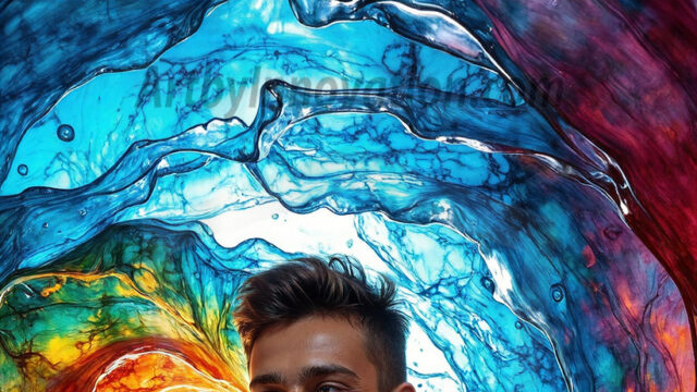 AI-generated abstract art images, featuring sexy, handsome, shirtless men, boys, lads, controlling colorful liquid water. A full-body photograph of a handsome young man with a strong muscular physique, and beautiful eyes. He starts to create a powerful and dynamic swirling vortex of rainbow colored liquid water. The vibrant and colorful water erupts and cascades forward. The fluid is dynamic, multiplying rapidly, and begins to dance in the air. The man, with a playful smile, interacts with the swirling fluids, his hands reaching out to manipulate the circular motion. The scene has a surreal, otherworldly feel, with a dreamlike atmosphere created by volumetric lighting, dramatic shadows, and an impossible color palette.