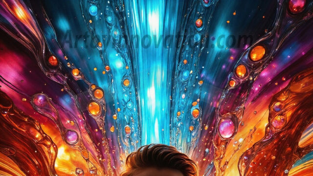 AI-generated abstract art images, featuring sexy, handsome, shirtless men, boys, lads, controlling colorful liquid water. A full-body photograph of a handsome young man with a strong muscular physique, and beautiful eyes. He starts to create a powerful and dynamic swirling vortex of rainbow colored liquid water. The vibrant and colorful water erupts and cascades forward. The fluid is dynamic, multiplying rapidly, and begins to dance in the air. The man, with a playful smile, interacts with the swirling fluids, his hands reaching out to manipulate the circular motion. The scene has a surreal, otherworldly feel, with a dreamlike atmosphere created by volumetric lighting, dramatic shadows, and an impossible color palette.