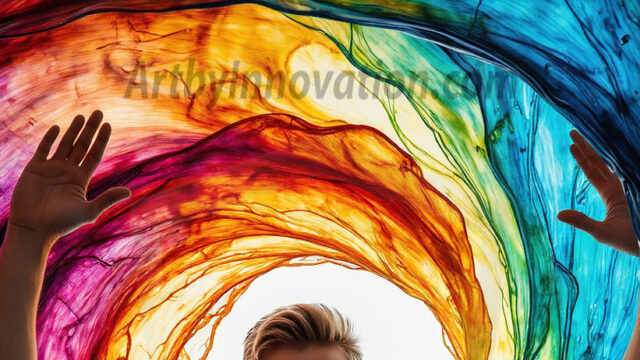 AI-generated abstract art images, featuring sexy, handsome, shirtless men, boys, lads, controlling colorful liquid water. A full-body photograph of a handsome young man with a strong muscular physique, and beautiful eyes. He starts to create a powerful and dynamic swirling vortex of rainbow colored liquid water. The vibrant and colorful water erupts and cascades forward. The fluid is dynamic, multiplying rapidly, and begins to dance in the air. The man, with a playful smile, interacts with the swirling fluids, his hands reaching out to manipulate the circular motion. The scene has a surreal, otherworldly feel, with a dreamlike atmosphere created by volumetric lighting, dramatic shadows, and an impossible color palette.