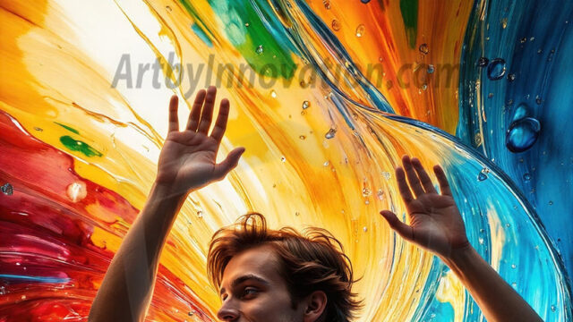 AI-generated abstract art images, featuring sexy, handsome, shirtless men, boys, lads, controlling colorful liquid water. A full-body photograph of a handsome young man with a strong muscular physique, and beautiful eyes. He starts to create a powerful and dynamic swirling vortex of rainbow colored liquid water. The vibrant and colorful water erupts and cascades forward. The fluid is dynamic, multiplying rapidly, and begins to dance in the air. The man, with a playful smile, interacts with the swirling fluids, his hands reaching out to manipulate the circular motion. The scene has a surreal, otherworldly feel, with a dreamlike atmosphere created by volumetric lighting, dramatic shadows, and an impossible color palette.
