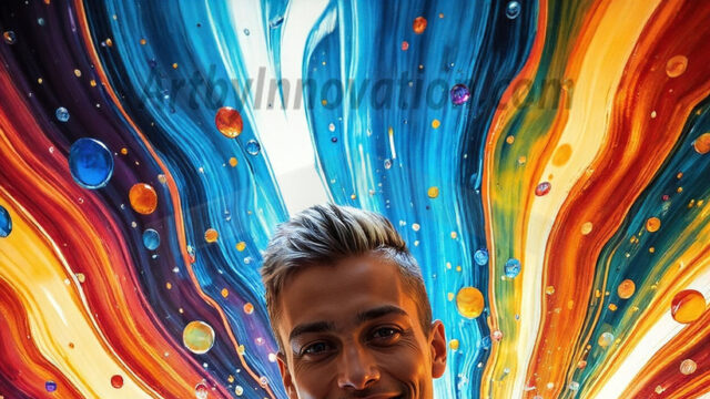 AI-generated abstract art images, featuring sexy, handsome, shirtless men, boys, lads, controlling colorful liquid water. A full-body photograph of a handsome young man with a strong muscular physique, and beautiful eyes. He starts to create a powerful and dynamic swirling vortex of rainbow colored liquid water. The vibrant and colorful water erupts and cascades forward. The fluid is dynamic, multiplying rapidly, and begins to dance in the air. The man, with a playful smile, interacts with the swirling fluids, his hands reaching out to manipulate the circular motion. The scene has a surreal, otherworldly feel, with a dreamlike atmosphere created by volumetric lighting, dramatic shadows, and an impossible color palette.