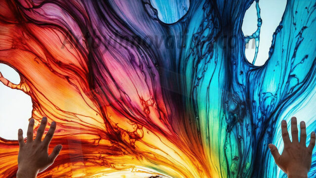 AI-generated abstract art images, featuring sexy, handsome, shirtless men, boys, lads, controlling colorful liquid water. A full-body photograph of a handsome young man with a strong muscular physique, and beautiful eyes. He starts to create a powerful and dynamic swirling vortex of rainbow colored liquid water. The vibrant and colorful water erupts and cascades forward. The fluid is dynamic, multiplying rapidly, and begins to dance in the air. The man, with a playful smile, interacts with the swirling fluids, his hands reaching out to manipulate the circular motion. The scene has a surreal, otherworldly feel, with a dreamlike atmosphere created by volumetric lighting, dramatic shadows, and an impossible color palette.