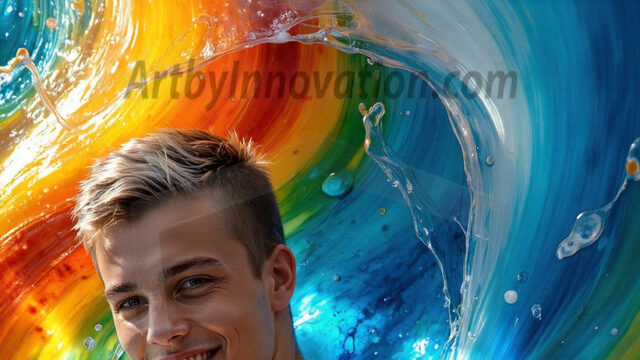 AI-generated abstract art images, featuring sexy, handsome, shirtless men, boys, lads, controlling colorful liquid water. A full-body photograph of a handsome young man with a strong muscular physique, and beautiful eyes. He starts to create a powerful and dynamic swirling vortex of rainbow colored liquid water. The vibrant and colorful water erupts and cascades forward. The fluid is dynamic, multiplying rapidly, and begins to dance in the air. The man, with a playful smile, interacts with the swirling fluids, his hands reaching out to manipulate the circular motion. The scene has a surreal, otherworldly feel, with a dreamlike atmosphere created by volumetric lighting, dramatic shadows, and an impossible color palette.