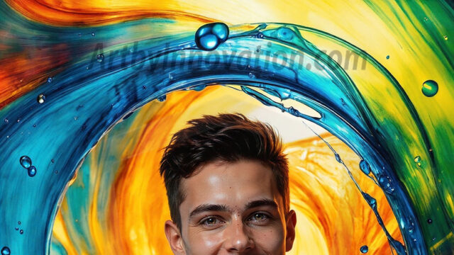 AI-generated abstract art images, featuring sexy, handsome, shirtless men, boys, lads, controlling colorful liquid water. A full-body photograph of a handsome young man with a strong muscular physique, and beautiful eyes. He starts to create a powerful and dynamic swirling vortex of rainbow colored liquid water. The vibrant and colorful water erupts and cascades forward. The fluid is dynamic, multiplying rapidly, and begins to dance in the air. The man, with a playful smile, interacts with the swirling fluids, his hands reaching out to manipulate the circular motion. The scene has a surreal, otherworldly feel, with a dreamlike atmosphere created by volumetric lighting, dramatic shadows, and an impossible color palette.