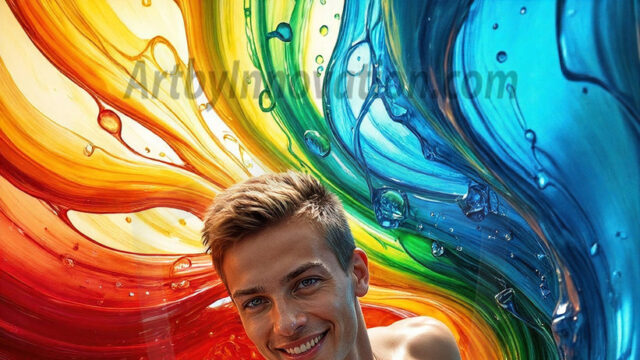 AI-generated abstract art images, featuring sexy, handsome, shirtless men, boys, lads, controlling colorful liquid water. A full-body photograph of a handsome young man with a strong muscular physique, and beautiful eyes. He starts to create a powerful and dynamic swirling vortex of rainbow colored liquid water. The vibrant and colorful water erupts and cascades forward. The fluid is dynamic, multiplying rapidly, and begins to dance in the air. The man, with a playful smile, interacts with the swirling fluids, his hands reaching out to manipulate the circular motion. The scene has a surreal, otherworldly feel, with a dreamlike atmosphere created by volumetric lighting, dramatic shadows, and an impossible color palette.