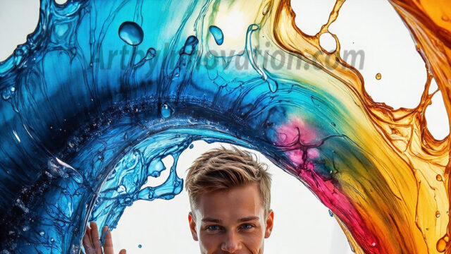 AI-generated abstract art images, featuring sexy, handsome, shirtless men, boys, lads, controlling colorful liquid water. A full-body photograph of a handsome young man with a strong muscular physique, and beautiful eyes. He starts to create a powerful and dynamic swirling vortex of rainbow colored liquid water. The vibrant and colorful water erupts and cascades forward. The fluid is dynamic, multiplying rapidly, and begins to dance in the air. The man, with a playful smile, interacts with the swirling fluids, his hands reaching out to manipulate the circular motion. The scene has a surreal, otherworldly feel, with a dreamlike atmosphere created by volumetric lighting, dramatic shadows, and an impossible color palette.