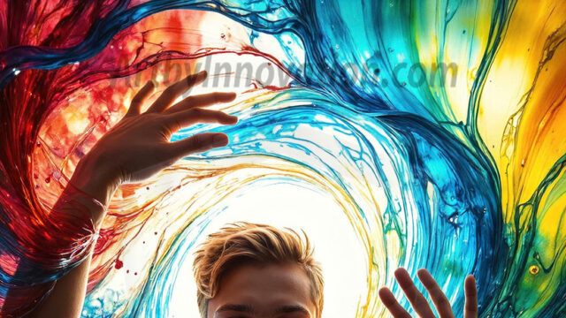 AI-generated abstract art images, featuring sexy, handsome, shirtless men, boys, lads, controlling colorful liquid water. A full-body photograph of a handsome young man with a strong muscular physique, and beautiful eyes. He starts to create a powerful and dynamic swirling vortex of rainbow colored liquid water. The vibrant and colorful water erupts and cascades forward. The fluid is dynamic, multiplying rapidly, and begins to dance in the air. The man, with a playful smile, interacts with the swirling fluids, his hands reaching out to manipulate the circular motion. The scene has a surreal, otherworldly feel, with a dreamlike atmosphere created by volumetric lighting, dramatic shadows, and an impossible color palette.