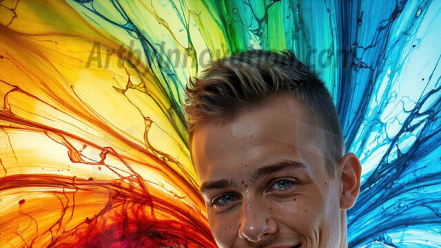 AI-generated abstract art images, featuring sexy, handsome, shirtless men, boys, lads, controlling colorful liquid water. A full-body photograph of a handsome young man with a strong muscular physique, and beautiful eyes. He starts to create a powerful and dynamic swirling vortex of rainbow colored liquid water. The vibrant and colorful water erupts and cascades forward. The fluid is dynamic, multiplying rapidly, and begins to dance in the air. The man, with a playful smile, interacts with the swirling fluids, his hands reaching out to manipulate the circular motion. The scene has a surreal, otherworldly feel, with a dreamlike atmosphere created by volumetric lighting, dramatic shadows, and an impossible color palette.