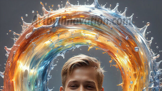 AI-generated abstract art images, featuring sexy, handsome, shirtless men, boys, lads, controlling colorful liquid water. A full-body photograph of a handsome young man with a strong muscular physique, and beautiful eyes. He starts to create a powerful and dynamic swirling vortex of rainbow colored liquid water. The vibrant and colorful water erupts and cascades forward. The fluid is dynamic, multiplying rapidly, and begins to dance in the air. The man, with a playful smile, interacts with the swirling fluids, his hands reaching out to manipulate the circular motion. The scene has a surreal, otherworldly feel, with a dreamlike atmosphere created by volumetric lighting, dramatic shadows, and an impossible color palette.