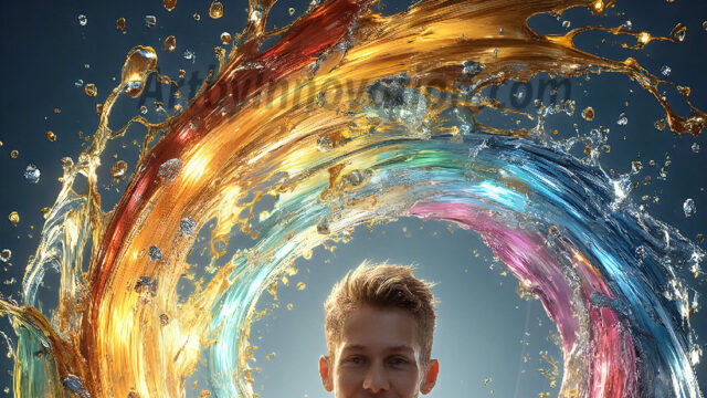 AI-generated abstract art images, featuring sexy, handsome, shirtless men, boys, lads, controlling colorful liquid water. A full-body photograph of a handsome young man with a strong muscular physique, and beautiful eyes. He starts to create a powerful and dynamic swirling vortex of rainbow colored liquid water. The vibrant and colorful water erupts and cascades forward. The fluid is dynamic, multiplying rapidly, and begins to dance in the air. The man, with a playful smile, interacts with the swirling fluids, his hands reaching out to manipulate the circular motion. The scene has a surreal, otherworldly feel, with a dreamlike atmosphere created by volumetric lighting, dramatic shadows, and an impossible color palette.