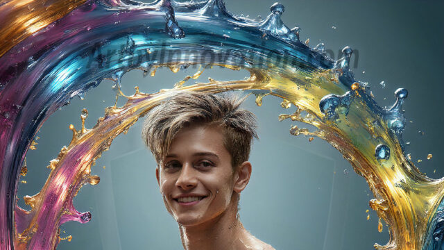 AI-generated abstract art images, featuring sexy, handsome, shirtless men, boys, lads, controlling colorful liquid water. A full-body photograph of a handsome young man with a strong muscular physique, and beautiful eyes. He starts to create a powerful and dynamic swirling vortex of rainbow colored liquid water. The vibrant and colorful water erupts and cascades forward. The fluid is dynamic, multiplying rapidly, and begins to dance in the air. The man, with a playful smile, interacts with the swirling fluids, his hands reaching out to manipulate the circular motion. The scene has a surreal, otherworldly feel, with a dreamlike atmosphere created by volumetric lighting, dramatic shadows, and an impossible color palette.
