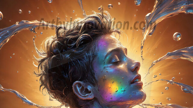 AI-generated abstract art images, featuring sexy, handsome, shirtless men, boys, lads, controlling colorful liquid water. A full-body photograph of a handsome young man with a strong muscular physique, and beautiful eyes. He starts to create a powerful and dynamic swirling vortex of rainbow colored liquid water. The vibrant and colorful water erupts and cascades forward. The fluid is dynamic, multiplying rapidly, and begins to dance in the air. The man, with a playful smile, interacts with the swirling fluids, his hands reaching out to manipulate the circular motion. The scene has a surreal, otherworldly feel, with a dreamlike atmosphere created by volumetric lighting, dramatic shadows, and an impossible color palette.