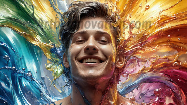 AI-generated abstract art images, featuring sexy, handsome, shirtless men, boys, lads, controlling colorful liquid water. A full-body photograph of a handsome young man with a strong muscular physique, and beautiful eyes. He starts to create a powerful and dynamic swirling vortex of rainbow colored liquid water. The vibrant and colorful water erupts and cascades forward. The fluid is dynamic, multiplying rapidly, and begins to dance in the air. The man, with a playful smile, interacts with the swirling fluids, his hands reaching out to manipulate the circular motion. The scene has a surreal, otherworldly feel, with a dreamlike atmosphere created by volumetric lighting, dramatic shadows, and an impossible color palette.