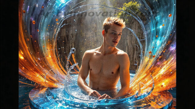 AI-generated abstract art images, featuring sexy, handsome, shirtless men, boys, lads, controlling colorful liquid water. A full-body photograph of a handsome young man with a strong muscular physique, and beautiful eyes. He starts to create a powerful and dynamic swirling vortex of rainbow colored liquid water. The vibrant and colorful water erupts and cascades forward. The fluid is dynamic, multiplying rapidly, and begins to dance in the air. The man, with a playful smile, interacts with the swirling fluids, his hands reaching out to manipulate the circular motion. The scene has a surreal, otherworldly feel, with a dreamlike atmosphere created by volumetric lighting, dramatic shadows, and an impossible color palette.