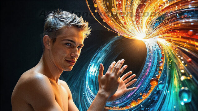 AI-generated abstract art images, featuring sexy, handsome, shirtless men, boys, lads, controlling colorful liquid water. A full-body photograph of a handsome young man with a strong muscular physique, and beautiful eyes. He starts to create a powerful and dynamic swirling vortex of rainbow colored liquid water. The vibrant and colorful water erupts and cascades forward. The fluid is dynamic, multiplying rapidly, and begins to dance in the air. The man, with a playful smile, interacts with the swirling fluids, his hands reaching out to manipulate the circular motion. The scene has a surreal, otherworldly feel, with a dreamlike atmosphere created by volumetric lighting, dramatic shadows, and an impossible color palette.