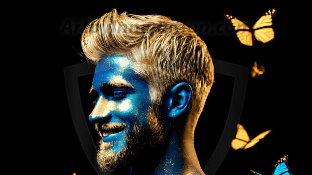 Abstract Male Art Ai Photos of Beautiful Men Enveloped by Colors. AI-generated abstract art featuring beautiful, handsome, sexy, shirtless, men, boys, lads, full of excitement joy and fun, covered in colors, dynamic, interactive, Combining elements of realism with surreal abstract qualities, showcasing the potential of AI in artistic expression.