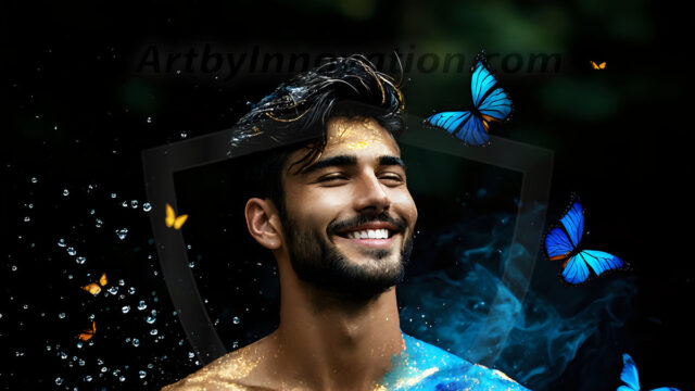 Abstract Male Art Ai Photos of Beautiful Men Enveloped by Colors. AI-generated abstract art featuring beautiful, handsome, sexy, shirtless, men, boys, lads, full of excitement joy and fun, covered in colors, dynamic, interactive, Combining elements of realism with surreal abstract qualities, showcasing the potential of AI in artistic expression.