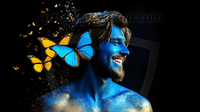 Abstract Male Art Ai Photos of Beautiful Men Enveloped by Colors. AI-generated abstract art featuring beautiful, handsome, sexy, shirtless, men, boys, lads, full of excitement joy and fun, covered in colors, dynamic, interactive, Combining elements of realism with surreal abstract qualities, showcasing the potential of AI in artistic expression.