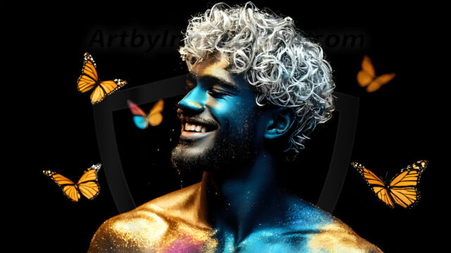 Abstract Male Art Ai Photos of Beautiful Men Enveloped by Colors. AI-generated abstract art featuring beautiful, handsome, sexy, shirtless, men, boys, lads, full of excitement joy and fun, covered in colors, dynamic, interactive, Combining elements of realism with surreal abstract qualities, showcasing the potential of AI in artistic expression.