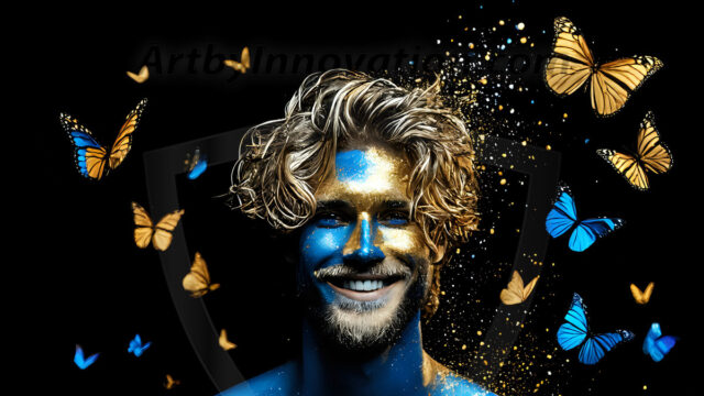 Abstract Male Art Ai Photos of Beautiful Men Enveloped by Colors. AI-generated abstract art featuring beautiful, handsome, sexy, shirtless, men, boys, lads, full of excitement joy and fun, covered in colors, dynamic, interactive, Combining elements of realism with surreal abstract qualities, showcasing the potential of AI in artistic expression.