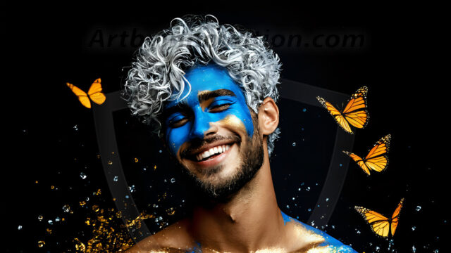 Abstract Male Art Ai Photos of Beautiful Men Enveloped by Colors. AI-generated abstract art featuring beautiful, handsome, sexy, shirtless, men, boys, lads, full of excitement joy and fun, covered in colors, dynamic, interactive, Combining elements of realism with surreal abstract qualities, showcasing the potential of AI in artistic expression.