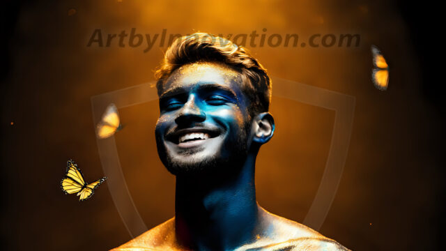 Abstract Male Art Ai Photos of Beautiful Men Enveloped by Colors. AI-generated abstract art featuring beautiful, handsome, sexy, shirtless, men, boys, lads, full of excitement joy and fun, covered in colors, dynamic, interactive, Combining elements of realism with surreal abstract qualities, showcasing the potential of AI in artistic expression.