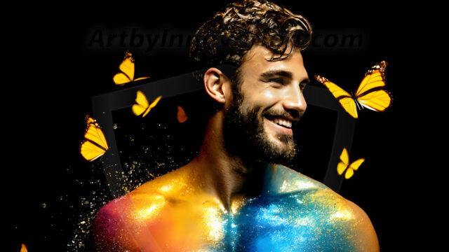 Abstract Male Art Ai Photos of Beautiful Men Enveloped by Colors. AI-generated abstract art featuring beautiful, handsome, sexy, shirtless, men, boys, lads, full of excitement joy and fun, covered in colors, dynamic, interactive, Combining elements of realism with surreal abstract qualities, showcasing the potential of AI in artistic expression.