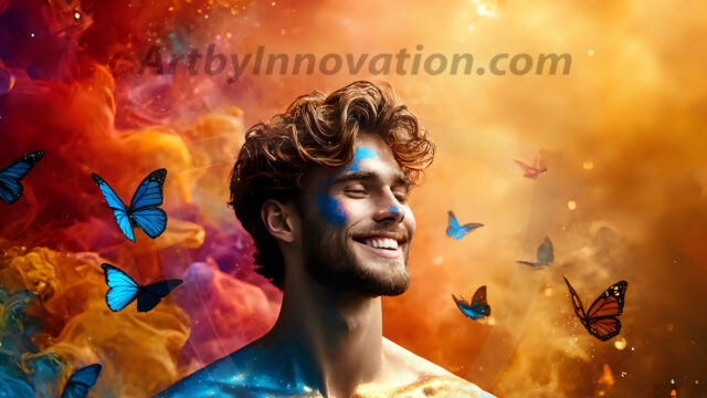 Abstract Male Art Ai Photos of Beautiful Men Enveloped by Colors. AI-generated abstract art featuring beautiful, handsome, sexy, shirtless, men, boys, lads, full of excitement joy and fun, covered in colors, dynamic, interactive, Combining elements of realism with surreal abstract qualities, showcasing the potential of AI in artistic expression.