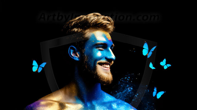 Abstract Male Art Ai Photos of Beautiful Men Enveloped by Colors. AI-generated abstract art featuring beautiful, handsome, sexy, shirtless, men, boys, lads, full of excitement joy and fun, covered in colors, dynamic, interactive, Combining elements of realism with surreal abstract qualities, showcasing the potential of AI in artistic expression.