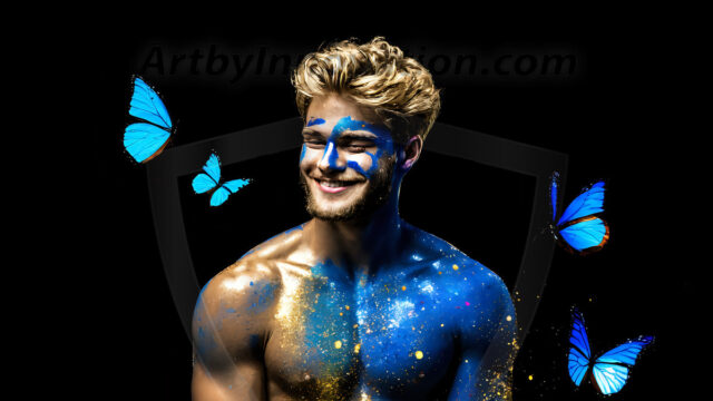 Abstract Male Art Ai Photos of Beautiful Men Enveloped by Colors. AI-generated abstract art featuring beautiful, handsome, sexy, shirtless, men, boys, lads, full of excitement joy and fun, covered in colors, dynamic, interactive, Combining elements of realism with surreal abstract qualities, showcasing the potential of AI in artistic expression.