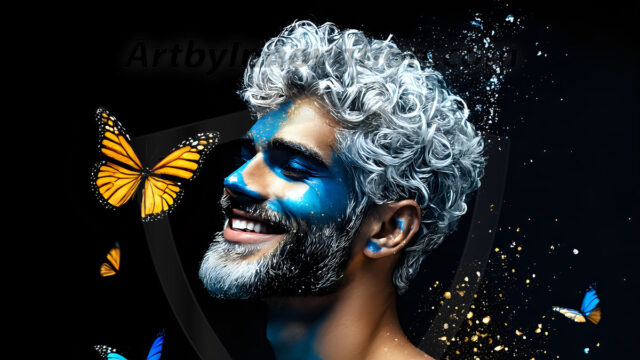 Abstract Male Art Ai Photos of Beautiful Men Enveloped by Colors. AI-generated abstract art featuring beautiful, handsome, sexy, shirtless, men, boys, lads, full of excitement joy and fun, covered in colors, dynamic, interactive, Combining elements of realism with surreal abstract qualities, showcasing the potential of AI in artistic expression.